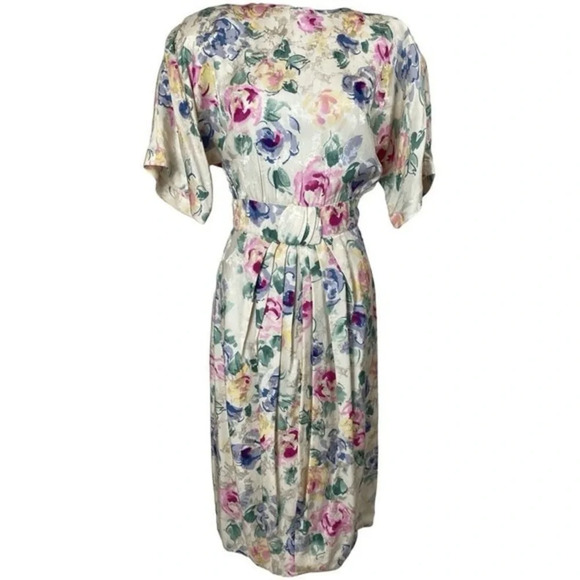 Vintage 80s Maggie London by Jeannene Booher Floral Silk Midi Dress - Picture 1 of 2